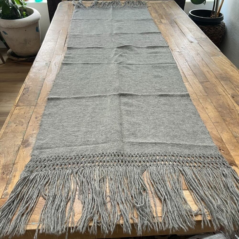 Wool Large Wrap Shawl 82" Gray Knit Fringe Hand Woven Church Winter
